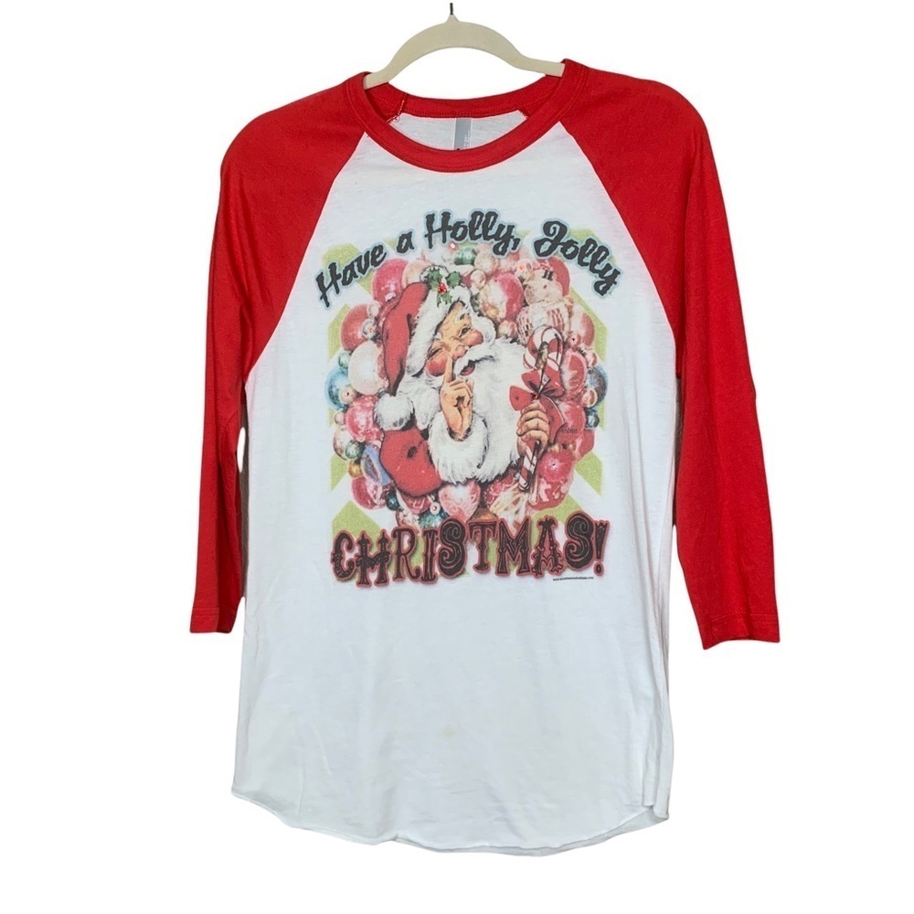 Have A Holly Jolly Christmas Santa Raglan Tee Size S White Red